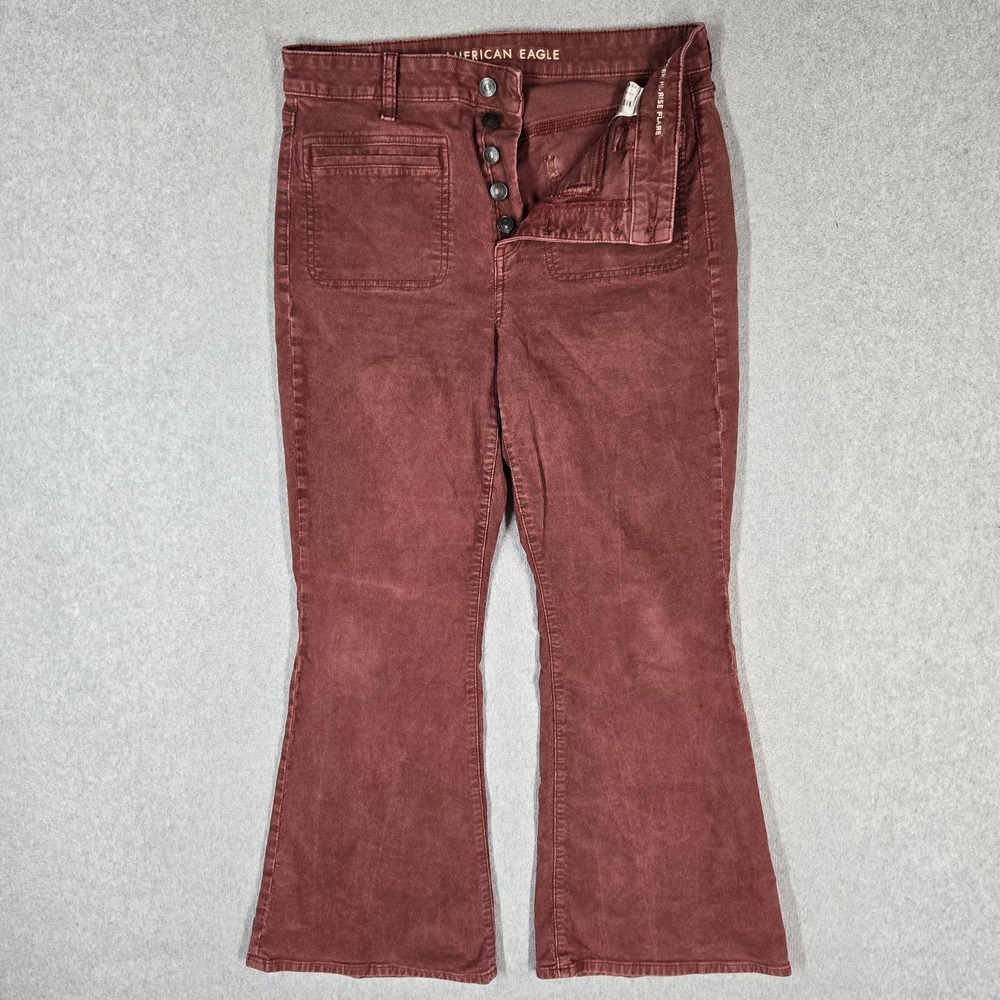 American Eagle Outfitters Women Pants 12 SHORT Red Flared Corduroy Super Hi Rise